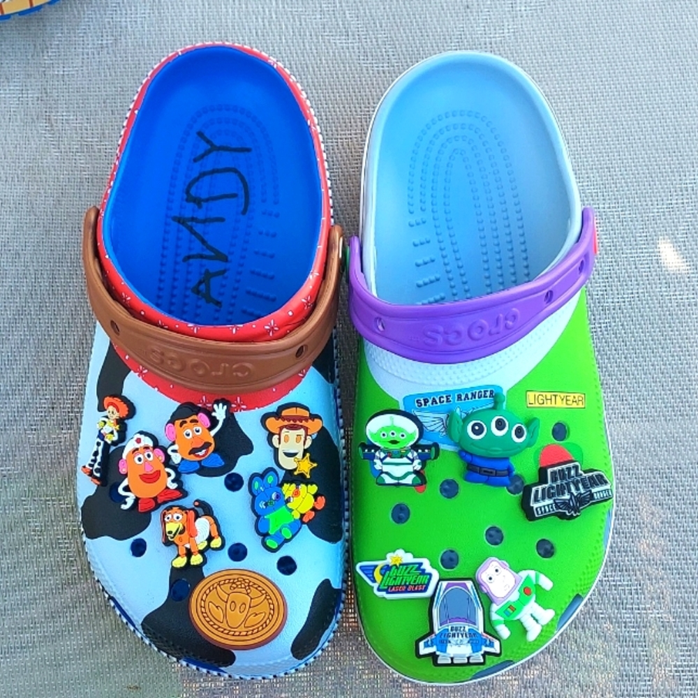 Mismatched toy story crocs
